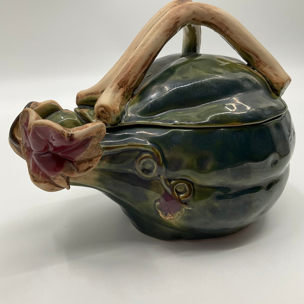 Vintage Botanical Ceramic Gourd Tureen Lidded Bowl Cottagecore Farmhouse Rustic